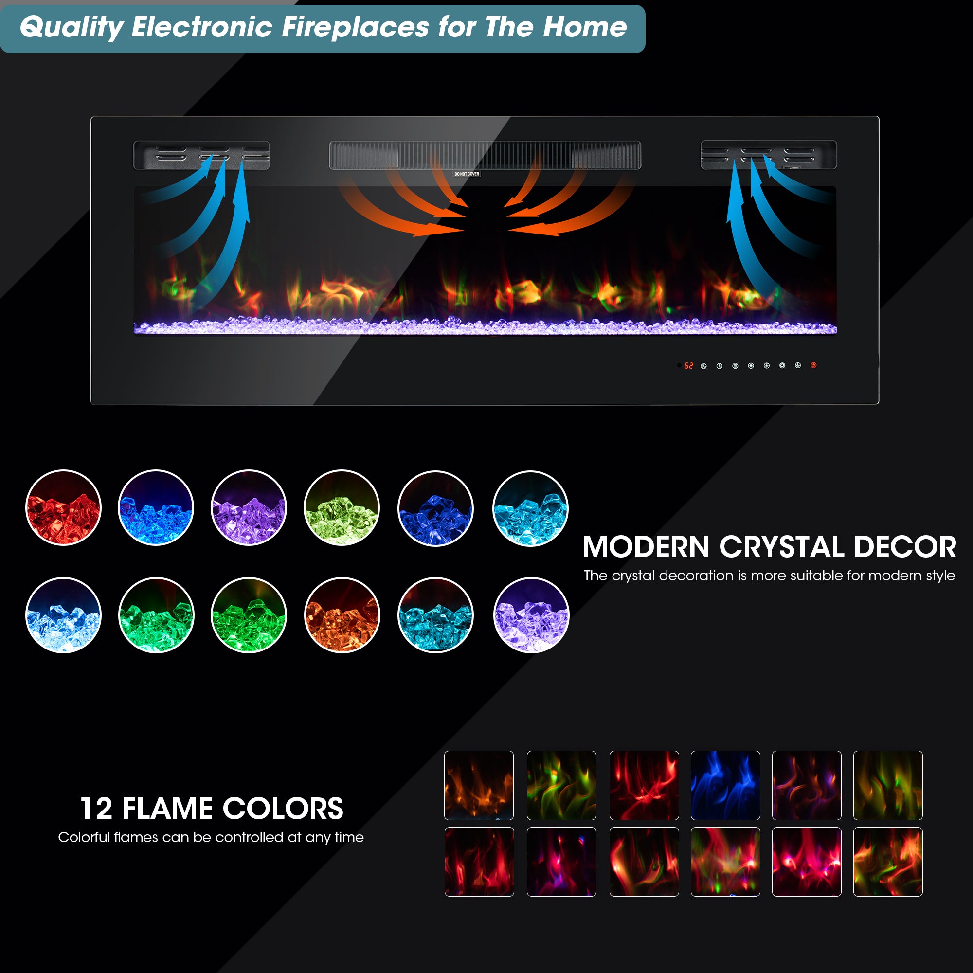 50" Wall Mounted Electric Fireplace, 750W/1500W, 12 Color Flame, Remote Control