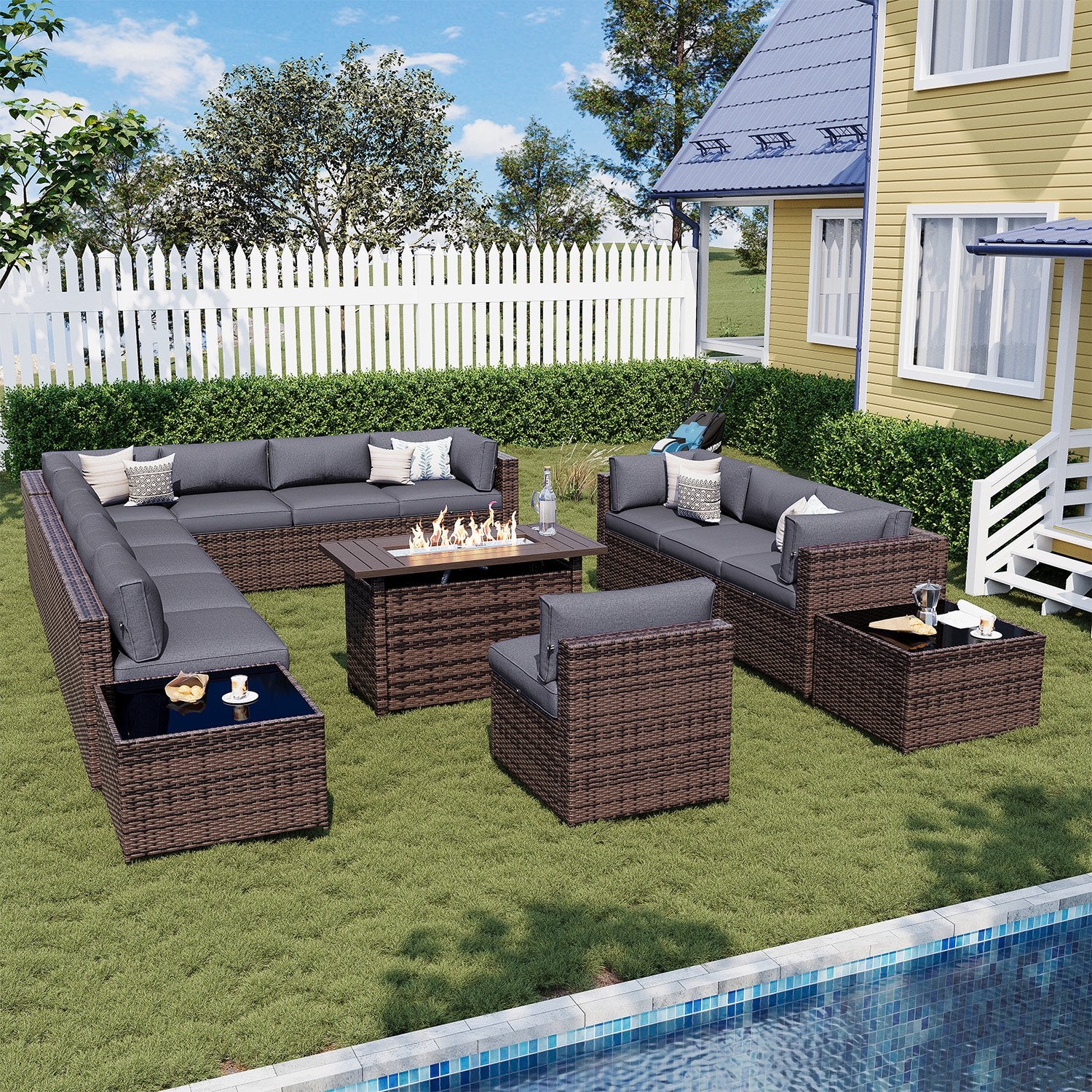 Sunmthink Patio Furniture Sets, 15-Piece Outdoor Patio Furniture with 44'' Propane Gas Firepit Table, Wicker Outdoor Conversation Set and Waterproof Cover for Backyard, Poolside, Garden
