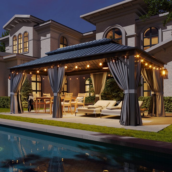 Sumnthink 12'x20' Hardtop Gazebo, Outdoor Steel Double Galvanized Roof Canopy, Aluminum Frame Permanent Pavilion Metal Gazebo with Netting and Curtains, for Patios, Gardens, Lawns