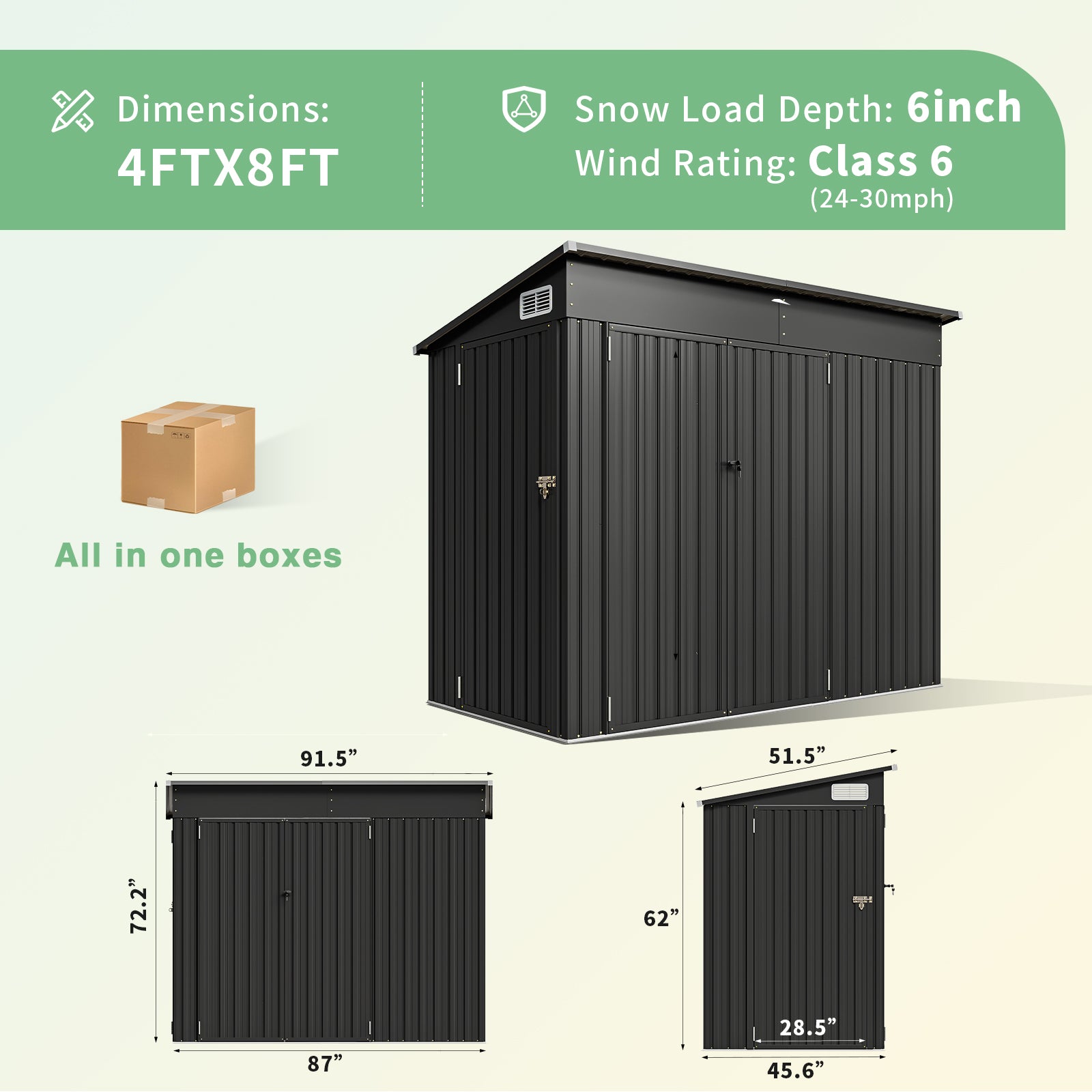 4' x 8' Metal Storage Shed, Outdoor Storage Lean-to Shed with Triple Lockable Door and Vents for Garden, Black