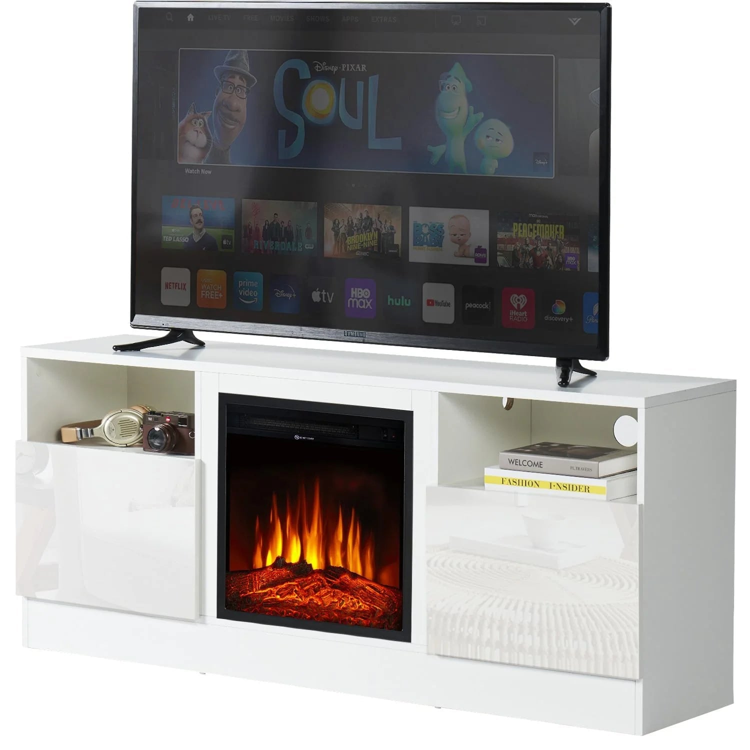 TV Stand with Fireplace for TVs up to 65", 58" Fireplace TV Stand, Entertainment Center with Fireplace for Living Room, Bedroom, White