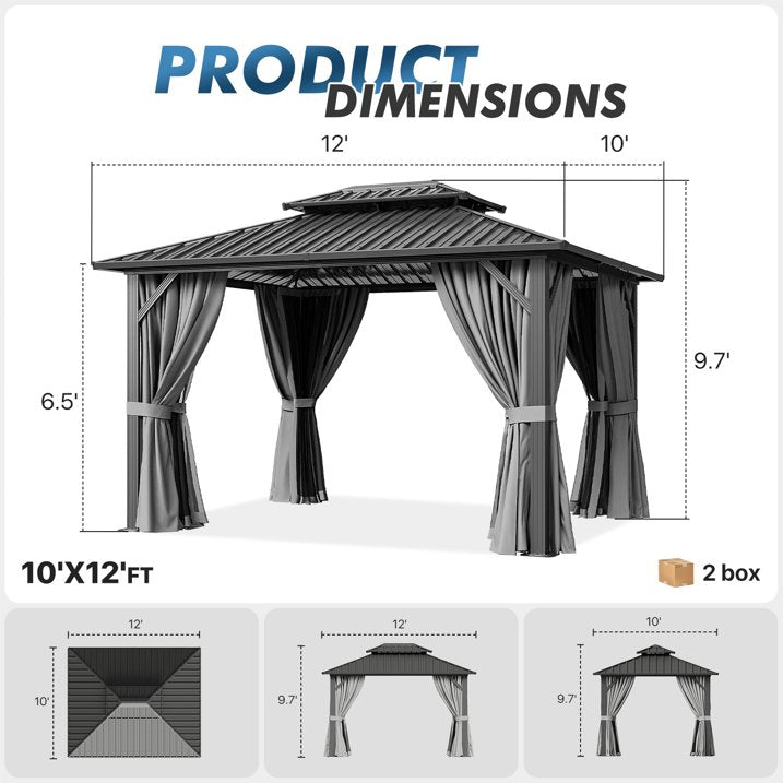 Sumnthink 10'x12' Hardtop Gazebo, Outdoor Steel Double Galvanized Roof Canopy, Aluminum Frame Permanent Pavilion Metal Gazebo with Netting and Curtains, for Patios, Gardens, Lawns