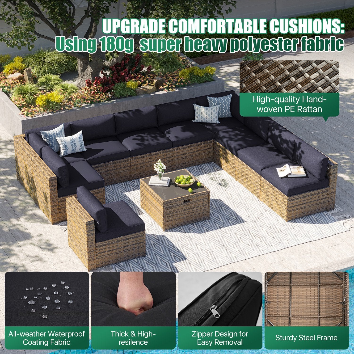 Clouddwell 11 Piece Patio Furniture Set Wicker Rattan Patio Conversation Set Outdoor Sectional Sofa Set with Coffee Table and Black Cushions(Waterproof Cover Included)