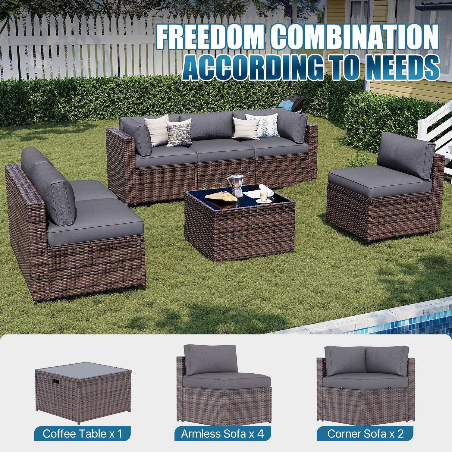 Sunmthink Patio Furniture Sets, 7-Piece Outdoor Patio Furniture with Thick Cushions, Wicker Outdoor Conversation Set and Waterproof Cover for Backyard, Poolside, Garden