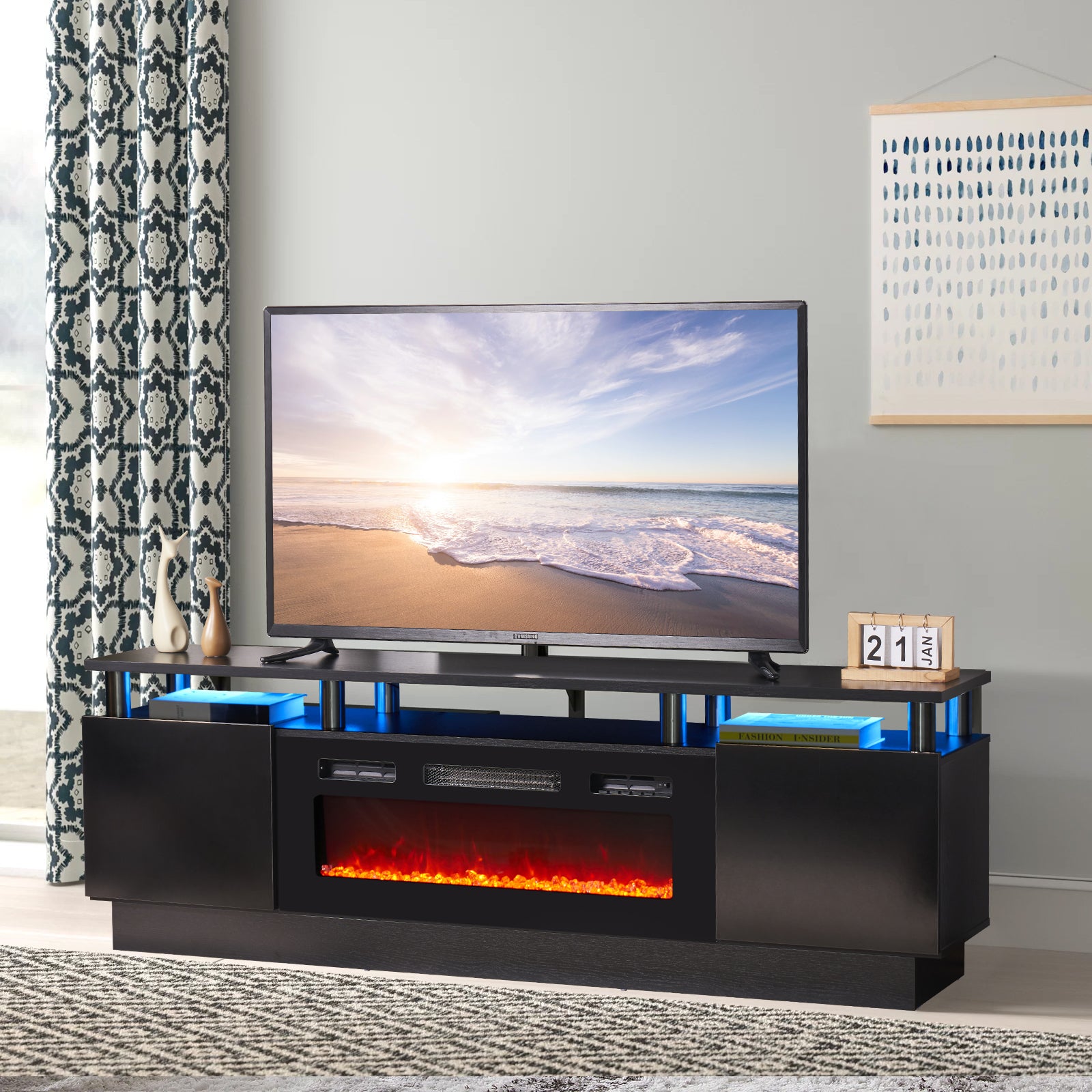 Fireplace TV Stand with 36" Electric Fireplace, Led Light Entertainment Center for TVs up To 80", Black