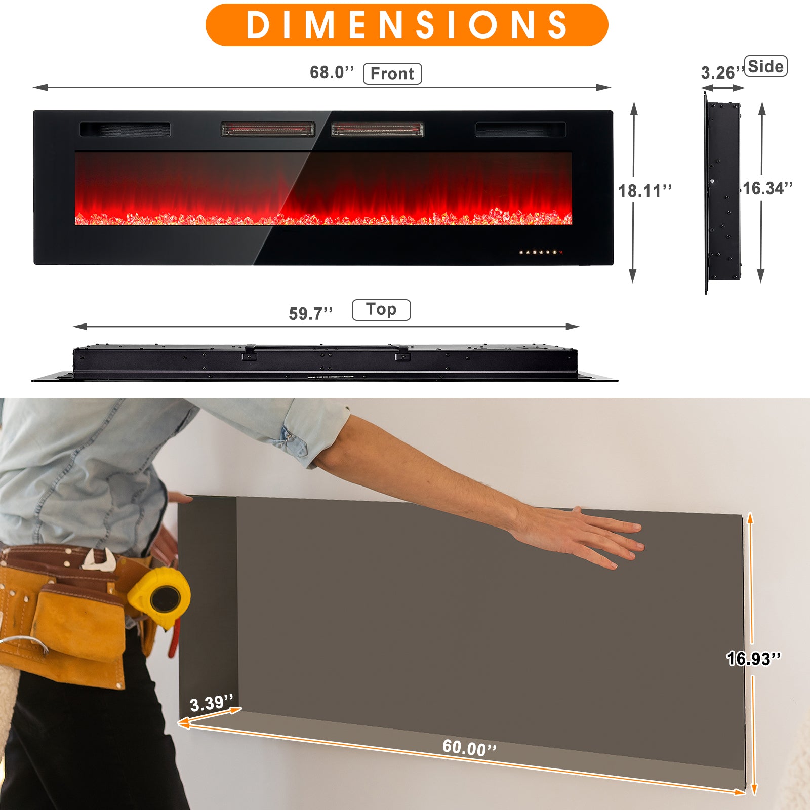 68" Wall Mounted Electric Fireplace, 750W/1500W, 12 Color Flame, Remote Control, Crystal Flame