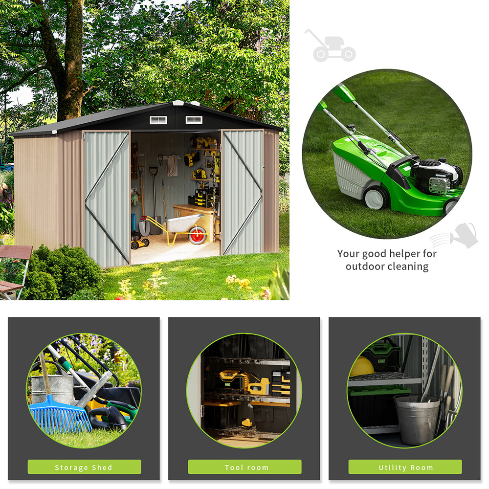 7.6 x 9.7 FT Outdoor Storage Shed, Utility Steel Tool Shed with Lockable Door, Galvanized Metal Shed with Air Vents for Garden, Backyard, Patio, Lawn