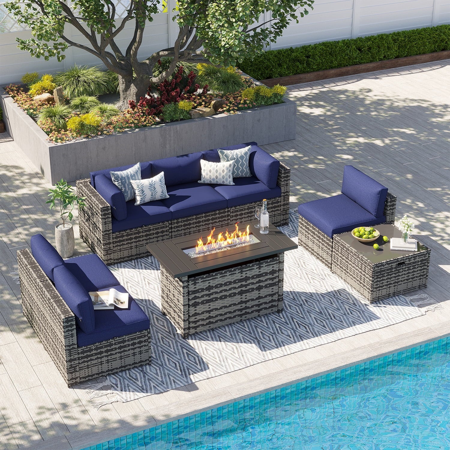 Clouddwell 8 Piece Patio Furniture Set with 44” Fire Pit Table Wicker Rattan Patio Conversation Set Outdoor Sectional Sofa Set with Coffee Table and Blue Cushions(Waterproof Cover Included)