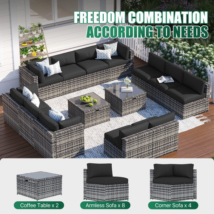 Clouddwell 14 Piece Patio Furniture Set Wicker Rattan Patio Conversation Set Outdoor Sectional Sofa Set with Coffee Table and Black Cushions(Waterproof Cover Included)