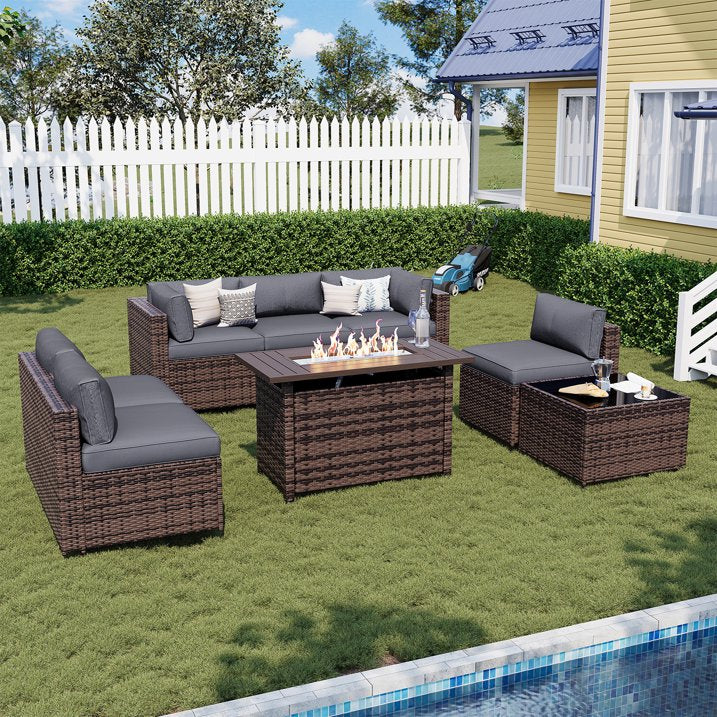 Sunmthink Patio Furniture Sets, 8-Piece Outdoor Patio Furniture with 44'' Propane Gas Firepit Table, Wicker Outdoor Conversation Set and Waterproof Cover for Backyard, Poolside, Garden