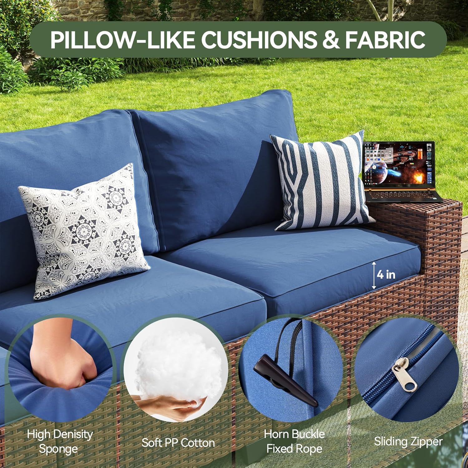 Aoxun Outdoor Furniture with 44'' Fire Pit, 7 Pcs Outdoor Patio Furniture Sets with 4in Thicken Cushion, Widen Armrests Wicker Outdoor Sectional for Backyard (Waterproof Cover Include)