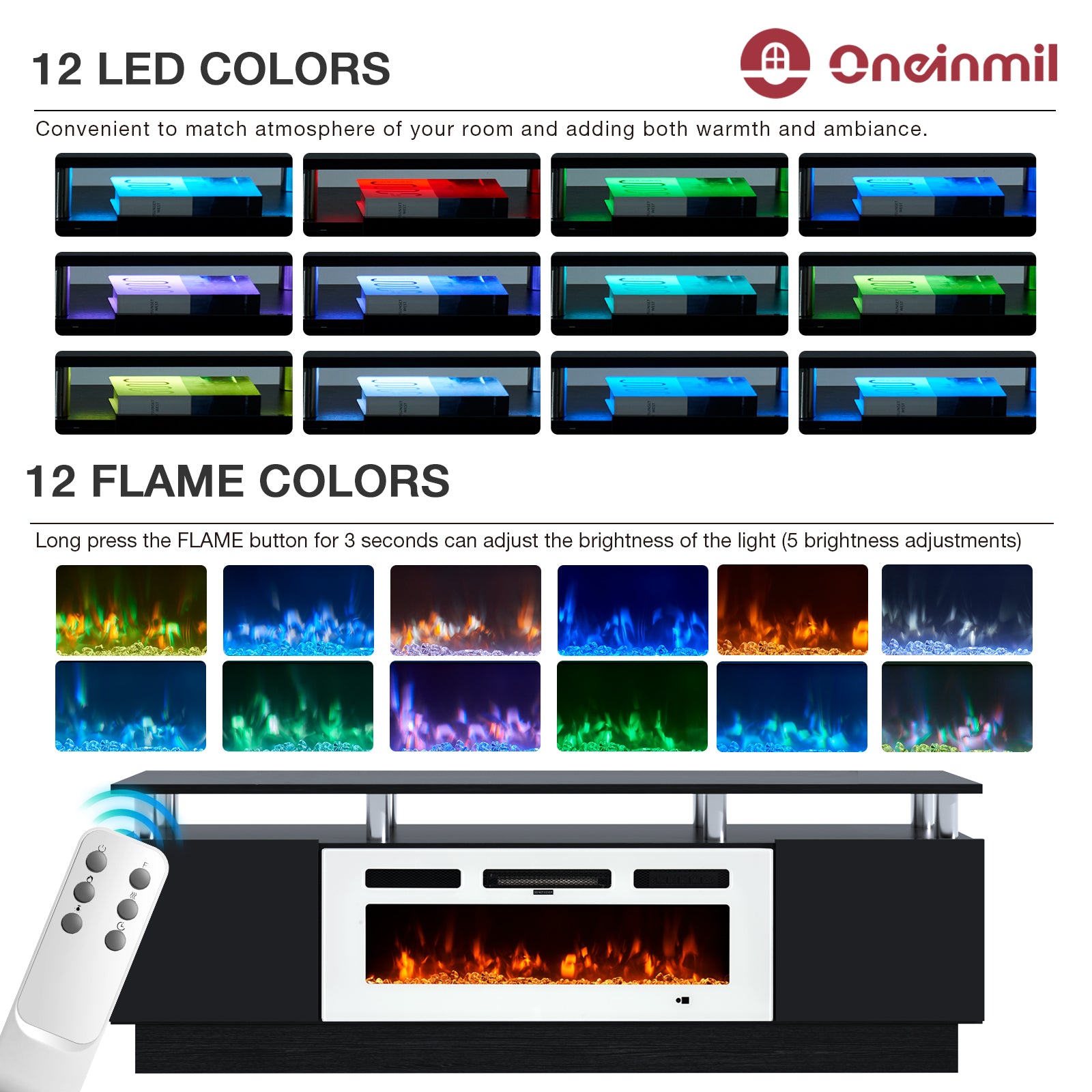 Fireplace TV Stand, Entertainment Center for TVs up to 80", 70” TV Stand with 36'' Electric Fireplace, LED Lights Entertainment Center, TV Console, Black&White