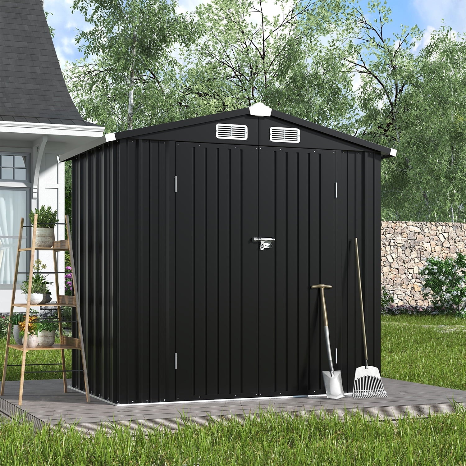 Clouddwell 6 ft. x 4 ft. Outdoor Storage Shed, Black Metal Garden Shed with Lockable Doors & Sloped Roof for Backyard, Patio, Poolside