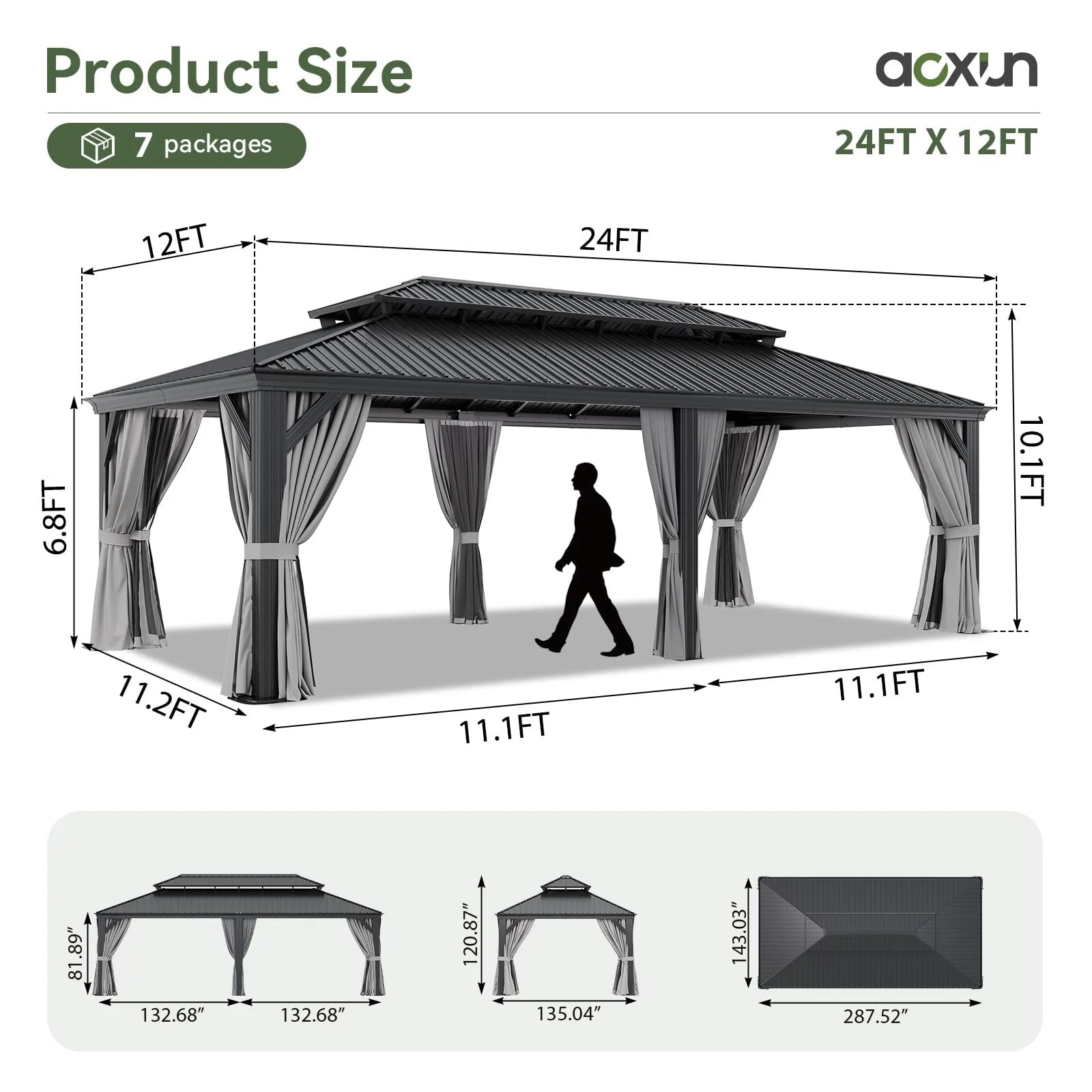 12' X 24' Hardtop Gazebo with Drainage System, Aluminum Outdoor Gazebo with Galvanized Steel Double Roof, Patio Permanent Metal Pavilion with Netting, for Garden, Deck, Grey