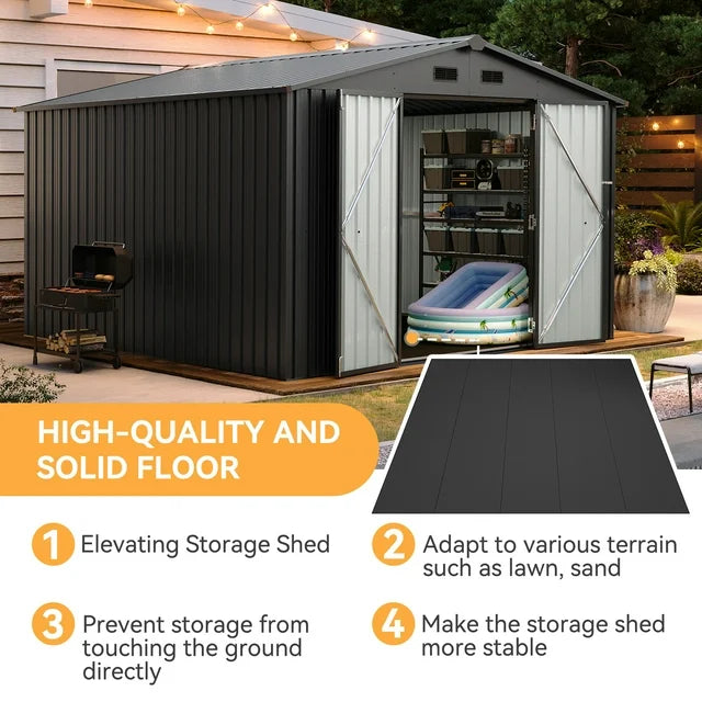 9.6x9.6x6.5ft Shed Outdoor Storage Shed, Metal Tool Shed with Plastic Floor and Lock, Black