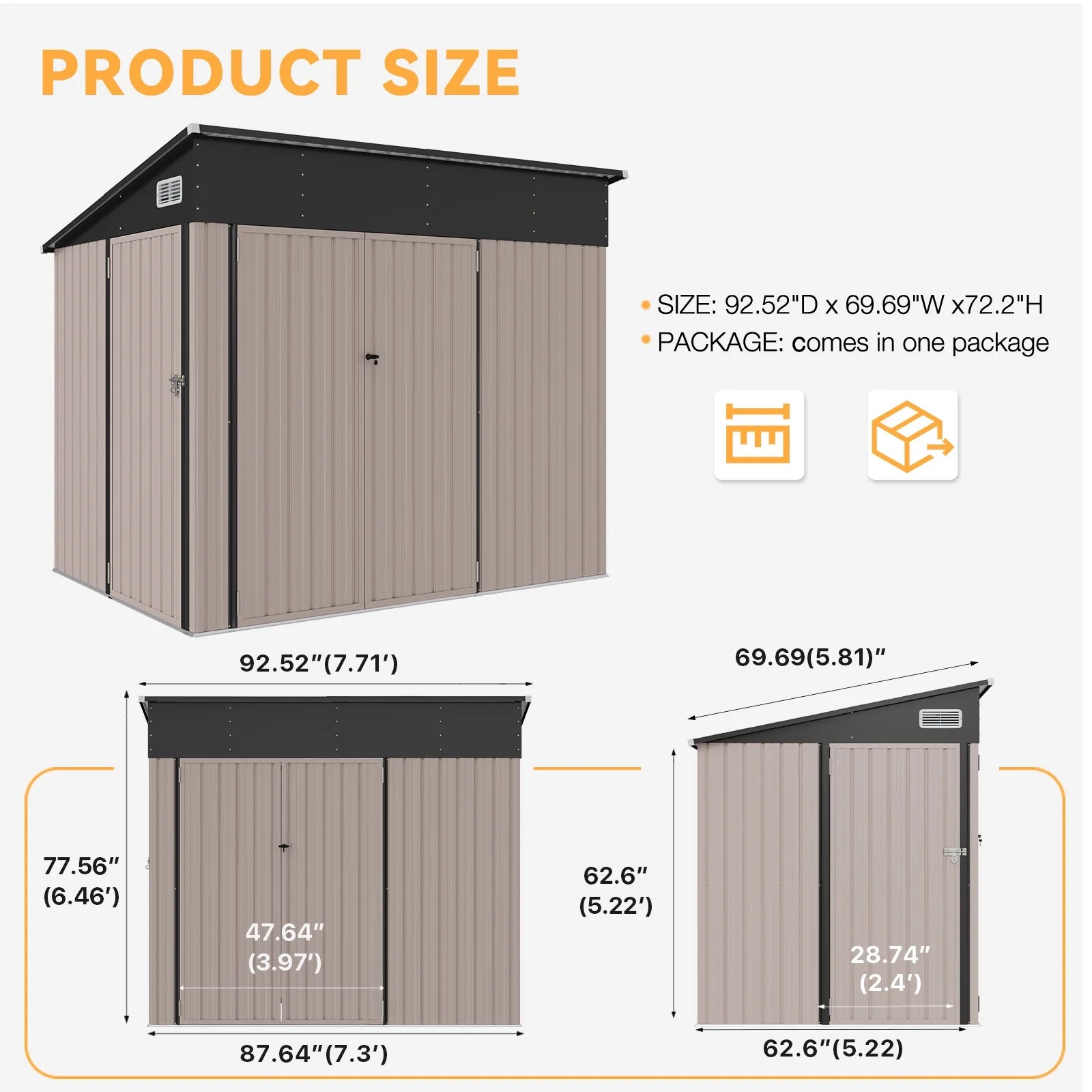 7.5'x5.5' Shed Outdoor Storage Shed with Triple Lockable Door Metal Storage