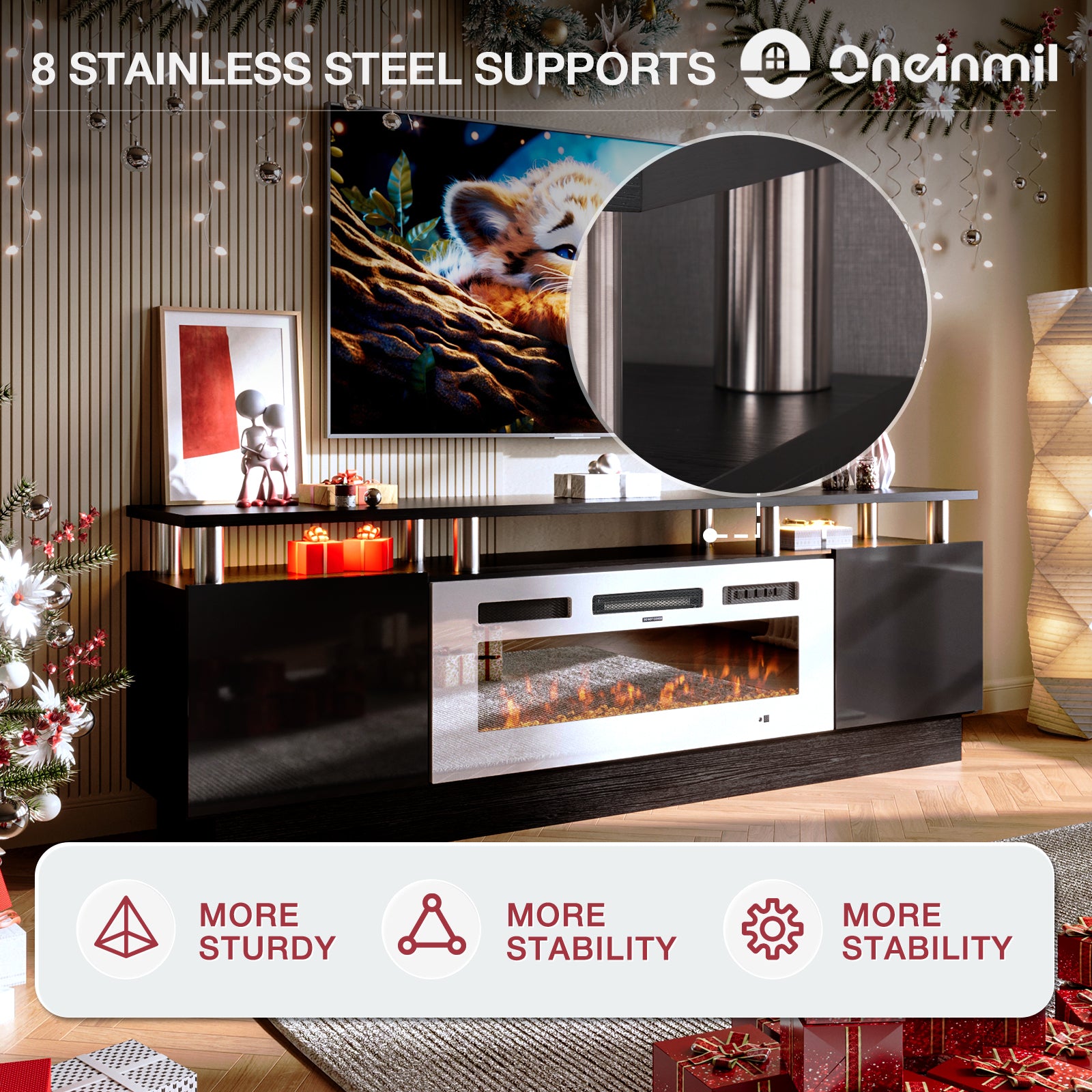 Fireplace TV Stand, Entertainment Center for TVs up to 80", 70” TV Stand with 36'' Electric Fireplace, LED Lights Entertainment Center, TV Console, Black&White