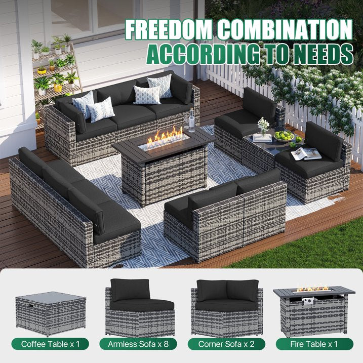 Clouddwell 12 Piece Patio Furniture Set with 44” Fire Pit Table Wicker Rattan Patio Conversation Set Outdoor Sectional Sofa Set with Coffee Table and Black Cushions(Waterproof Cover Included)