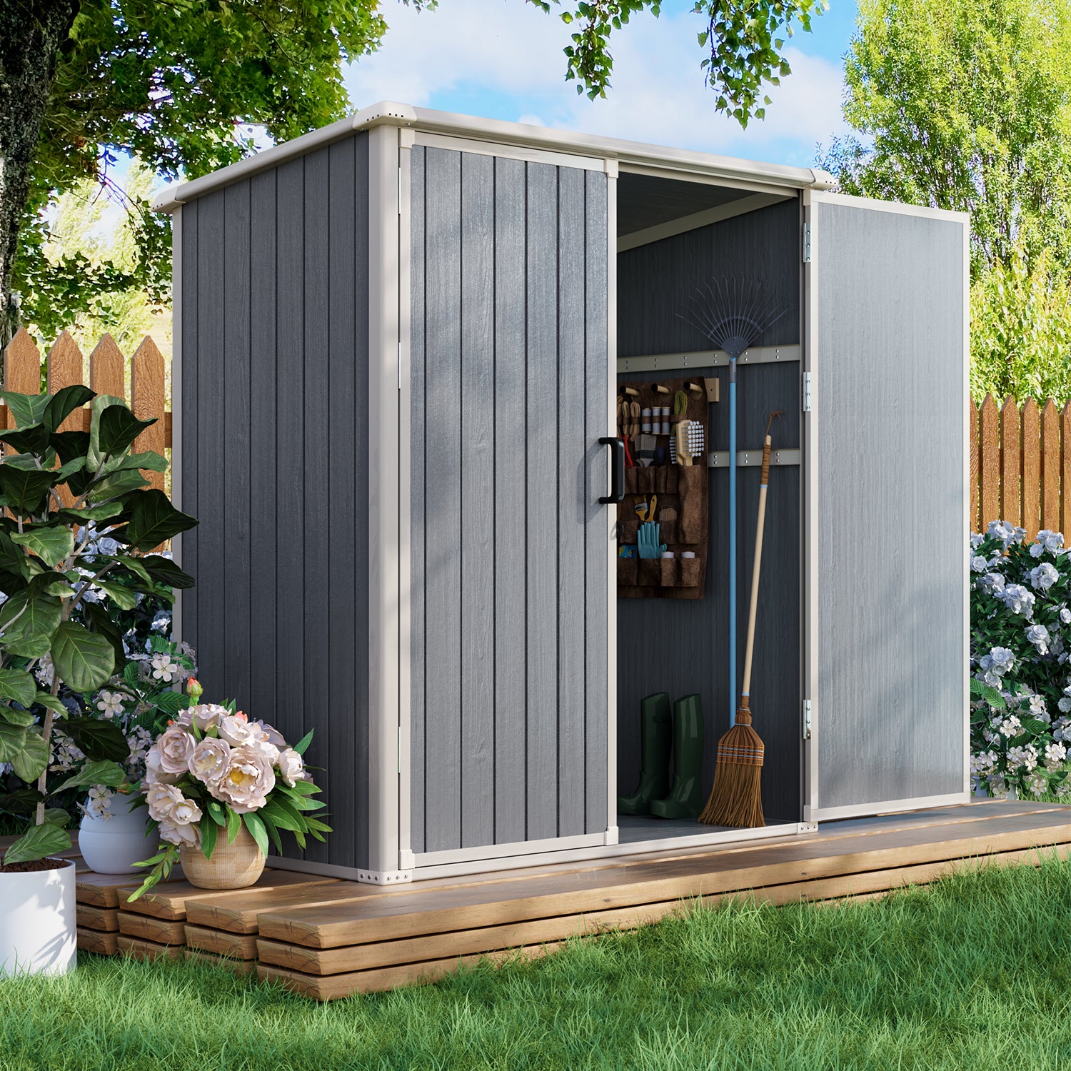 5.0' X 3.1' Resin Outdoor Shed with Base Frame, Plastic Shed with Lockable Door, for Garden, Ptaio, Backyard, Gray