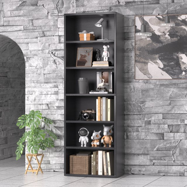 6 Tier Freestanding Bookcase, Modern Wooden Storage Book Shelf for Home Office and Bedroom, Black