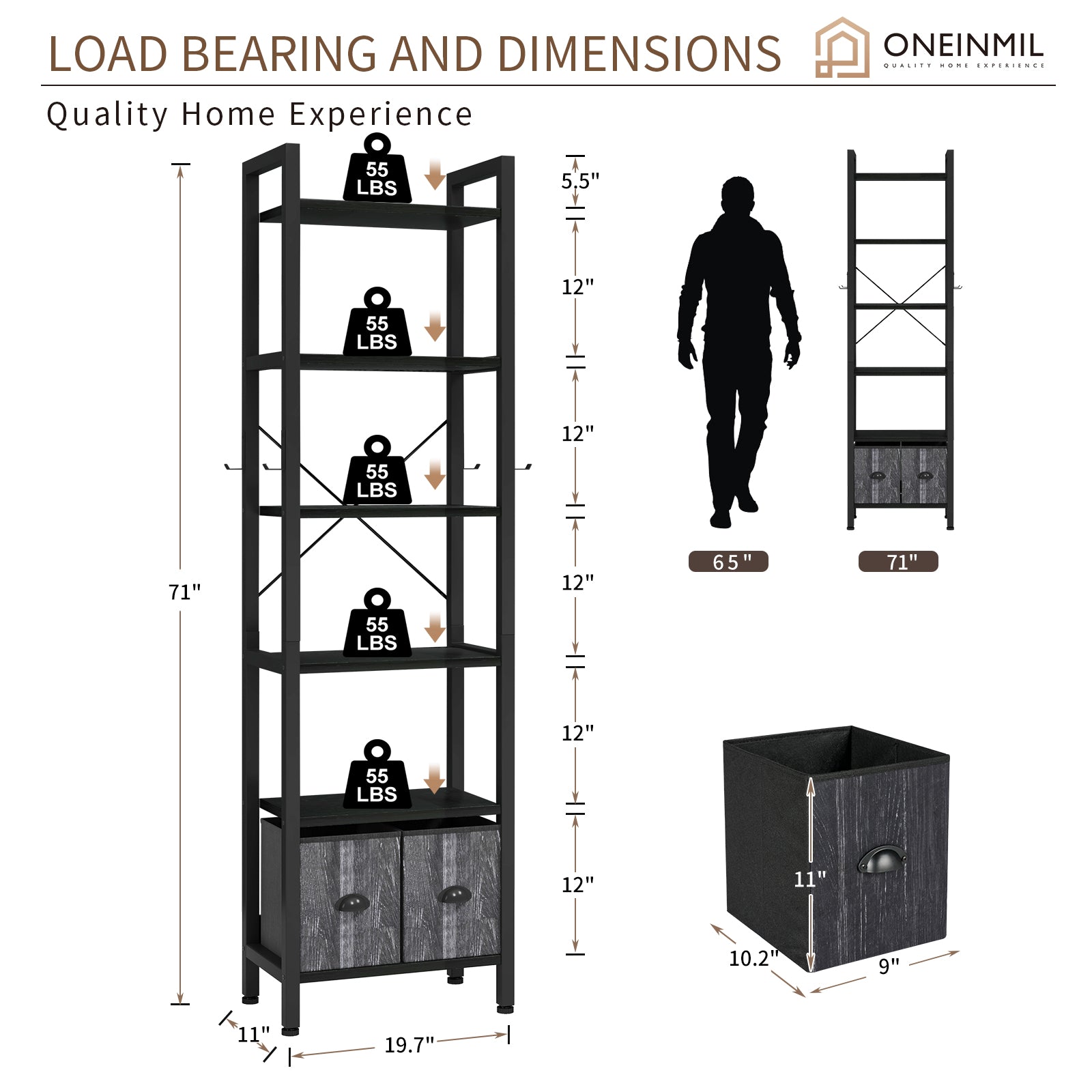 6 Shelf Bookcase with 2 Drawers, 71" Rustic Black Bookshef for Living Room and Home Office