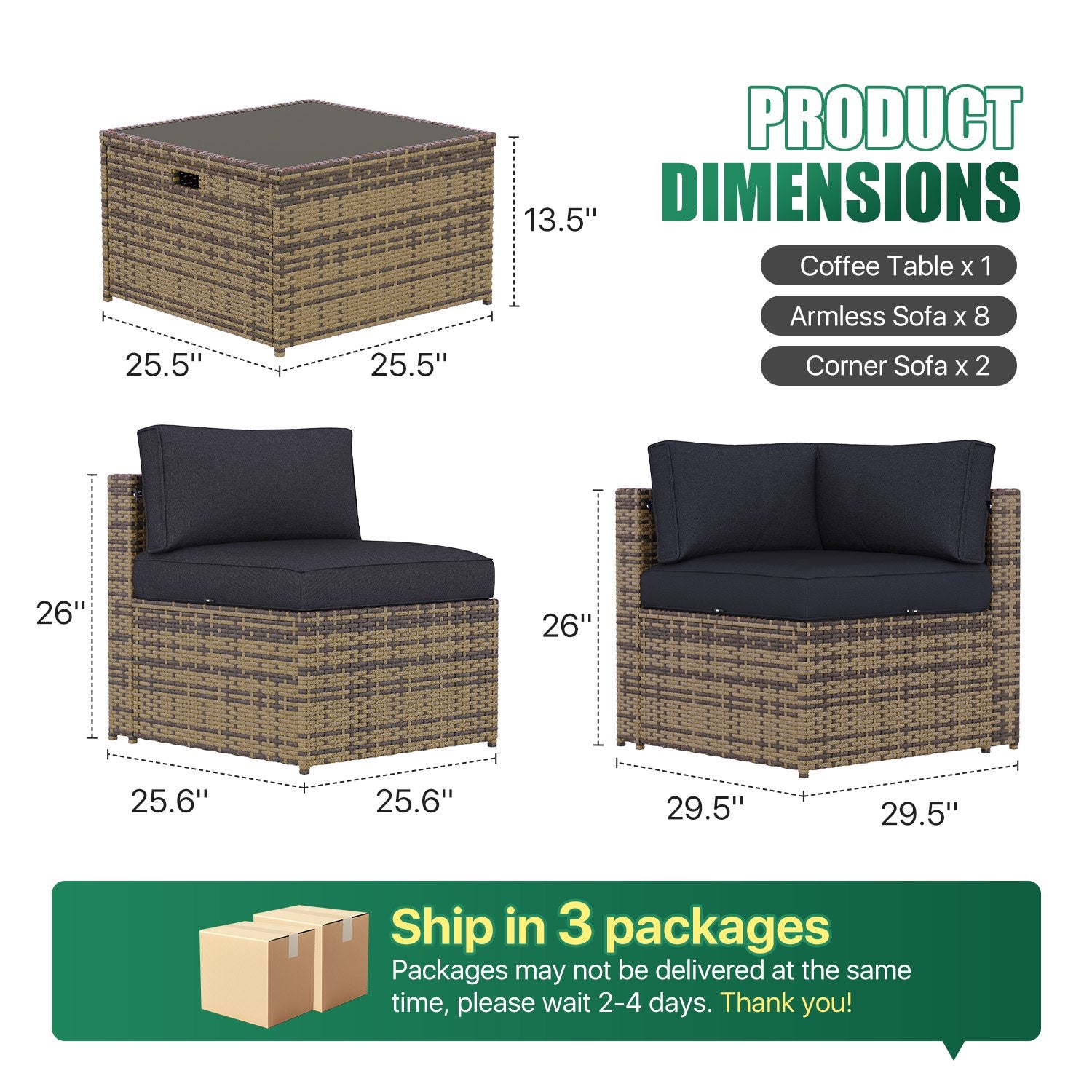 Clouddwell 11 Piece Patio Furniture Set Wicker Rattan Patio Conversation Set Outdoor Sectional Sofa Set with Coffee Table and Black Cushions(Waterproof Cover Included)