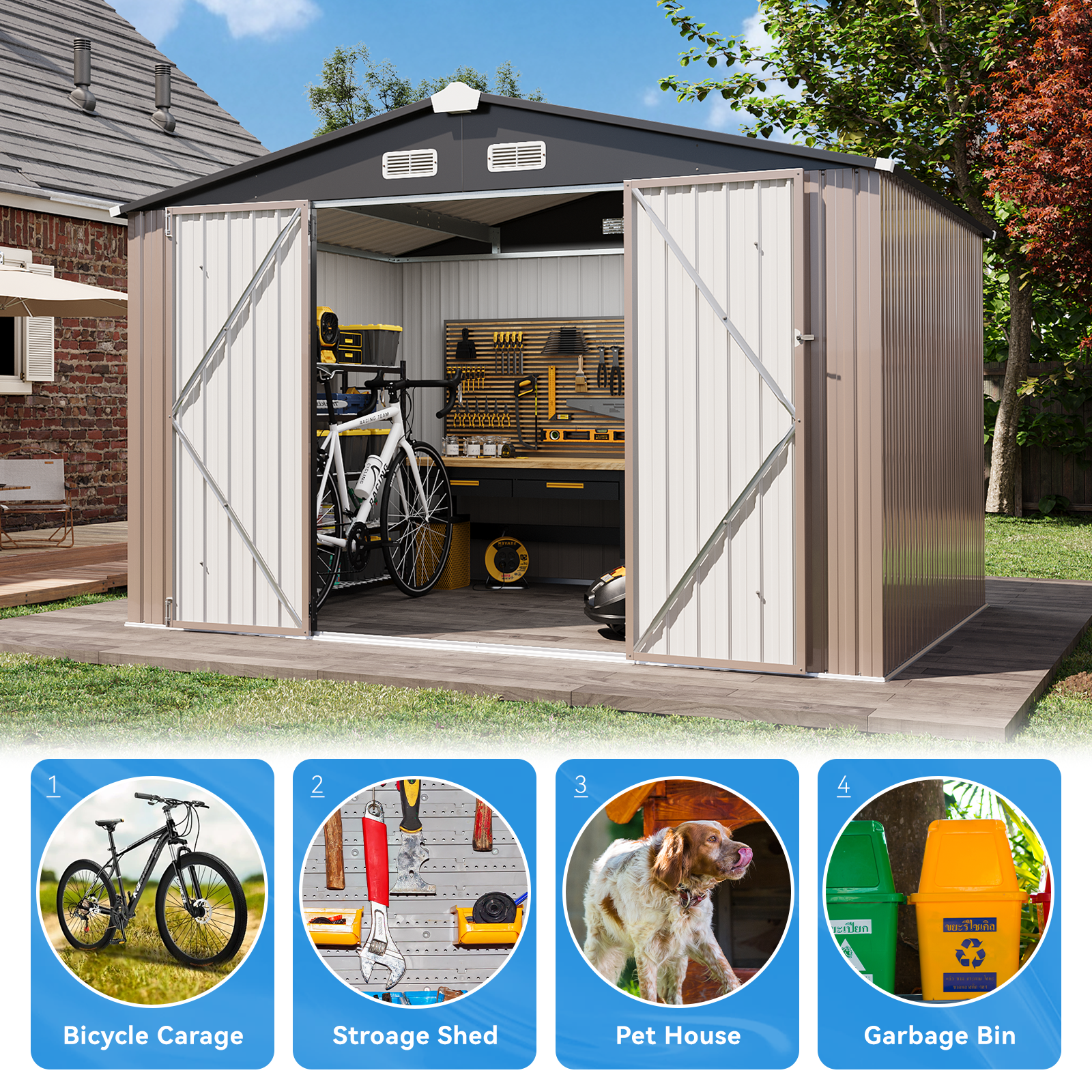 Aoxun Outdoor Storage Shed with Floor - 10x8 FT Metal Shed with Lockable Doors & Air Vents, Waterproof Outside Storage Shed for Tool, Garbage Can, Bike, Mower, for Backyard Garden Patio, Brown