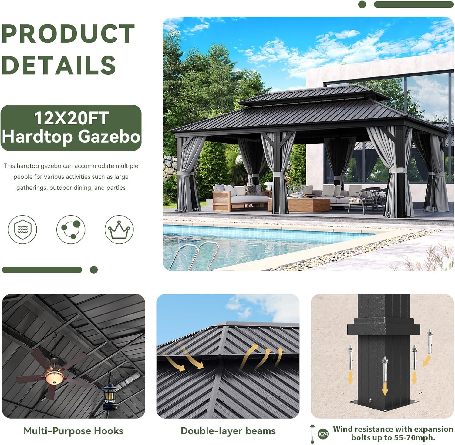 Aoxun 12' X 20' Hardtop Gazebo, Aluminum Outdoor Gazebo with Galvanized Steel Double Roof Canopy, Permanent Metal Pavilion with Privacy Curtain and Netting, for Poolside, Backyard, Square Foundation
