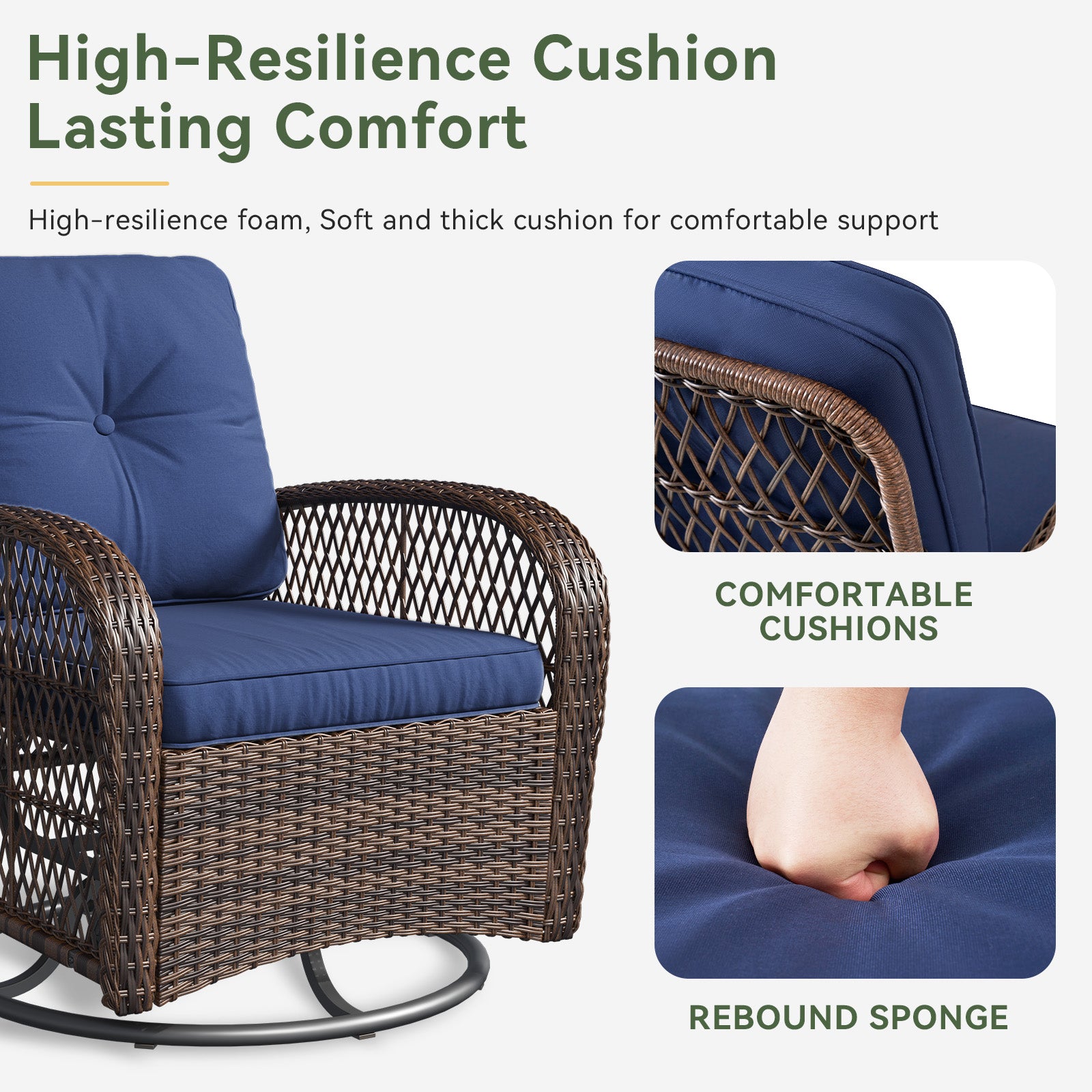 3 pcs Swivel Rocking Chairs & Tempered Glass Table Set