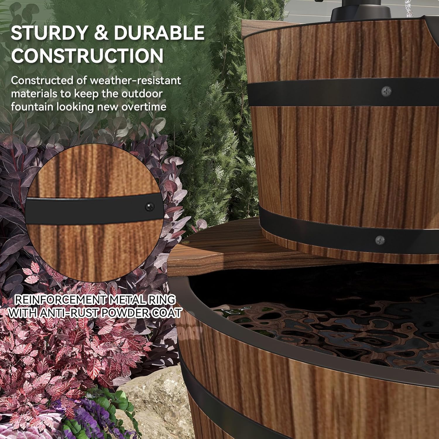 Outdoor Water Fountain, Wood Barrel Cascading with Electric Decorative Hand Pump, Rustic Waterfall Fountain for Garden, Backyard, Patio, Porch, Yard