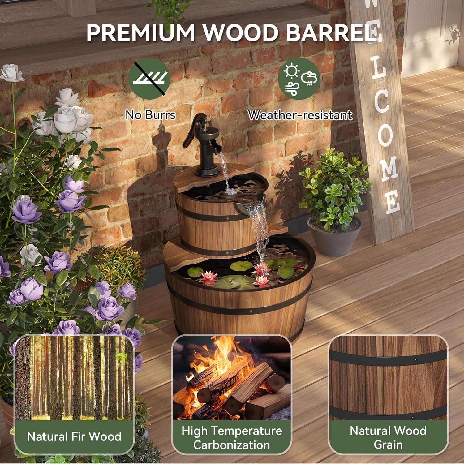 Outdoor Water Fountain, Wood Barrel Cascading with Electric Decorative Hand Pump, Rustic Waterfall Fountain for Garden, Backyard, Patio, Porch, Yard