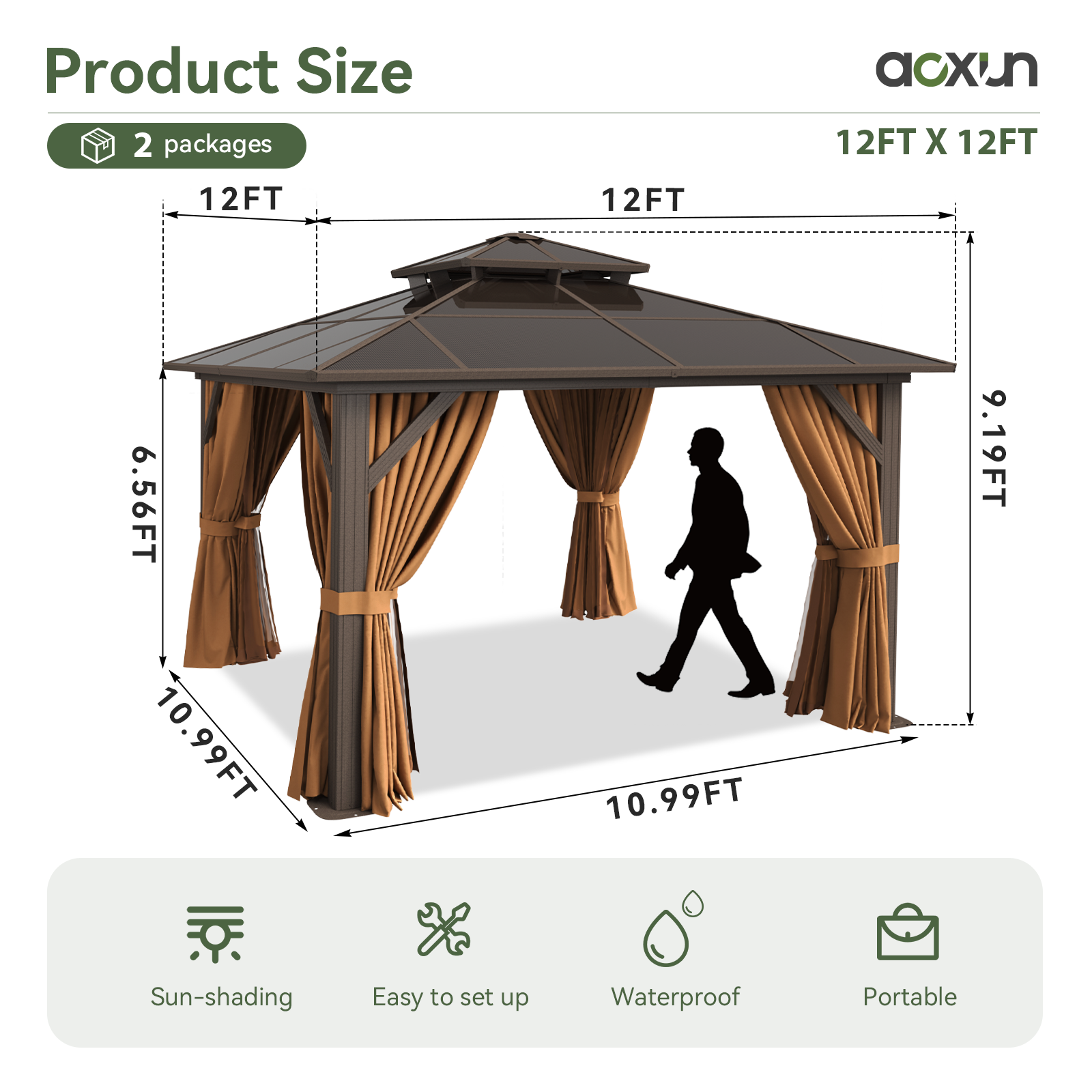 12'x12' Hardtop Gazebo, Aluminum Frame Permanent Pavilion with Curtains and Netting, Outdoor Polycarbonate Double Roof Canopy, Designed for Garden, Lawns, Patio, Gray