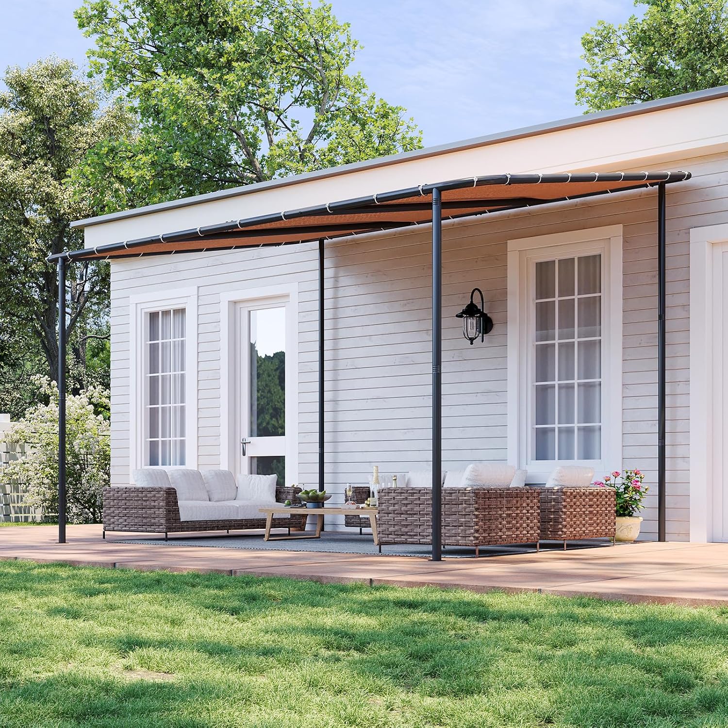 Aoxun 10x12 Lean to Gazebo Outdoor Pergola with Water Resistant & UV-Resistant, Wall-Mounted Canopy with Sloped Roof for Backyard, Deck, Patio or Garden Khaki