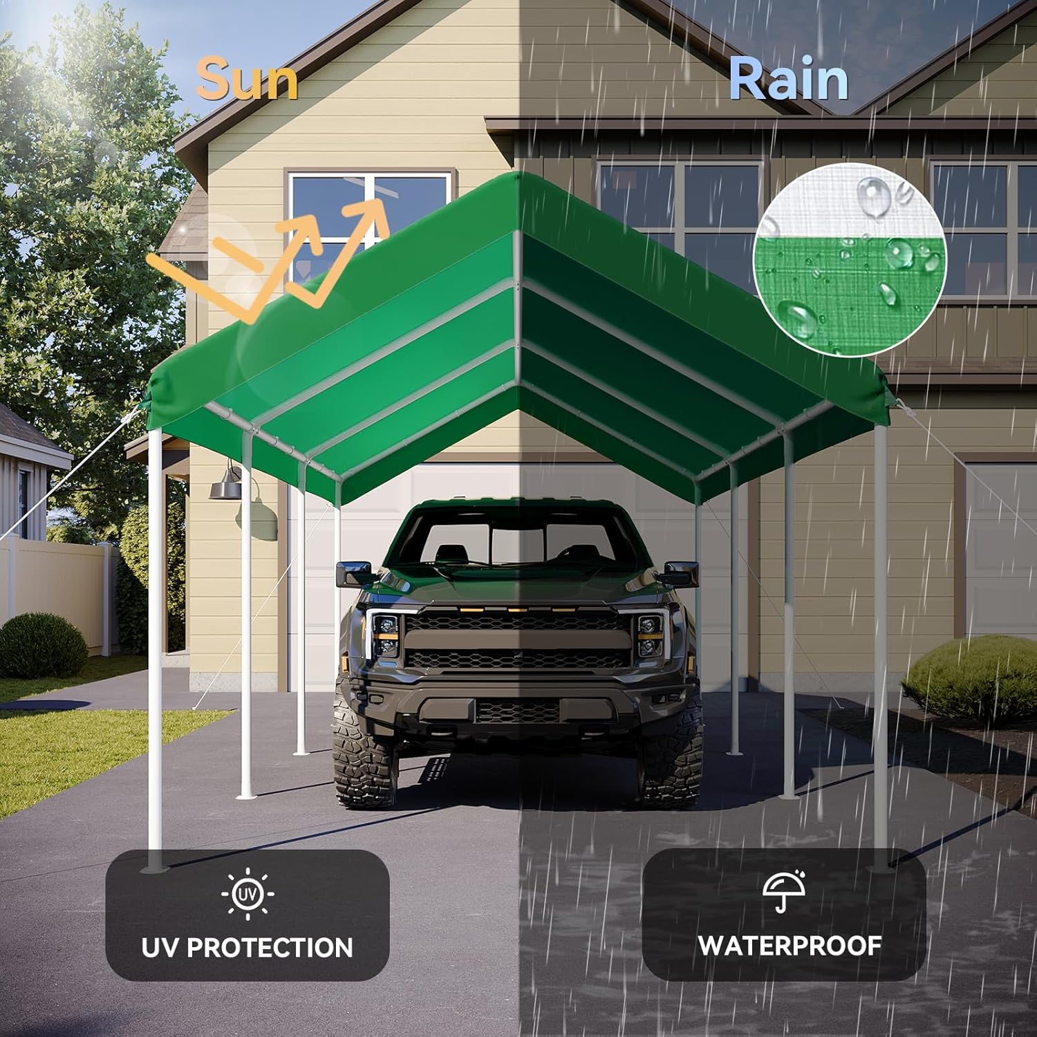 Aoxun 10x20 ft Heavy Duty Carport with Tarp & Wind Resistance Portable Carport Car Tent Outdoor Car Port with Tear Resistant Canopy, No Sidewall - Light Green