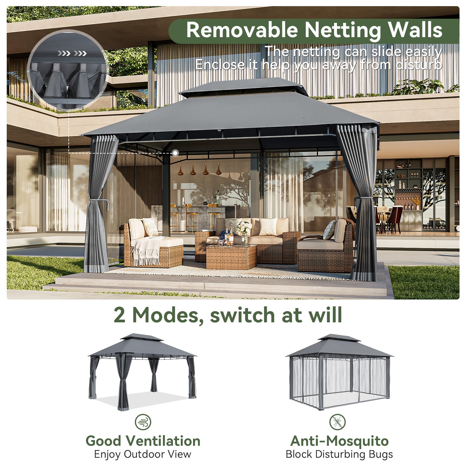 Outdoor Gazebo for Patio 10x13, Metal Frame Canopy with Double Roofs, Heavy Duty Party Tent and Shelter with Mosquito Nettings for Backyard, Lawn, Garden,Gray