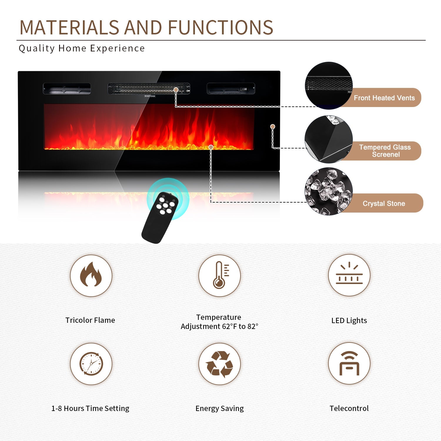 Fireplace TV Stand, Entertainment Center for TVs up to 80", 70” TV Stand with 36'' Electric Fireplace, LED Lights Entertainment Center, TV Console, Black