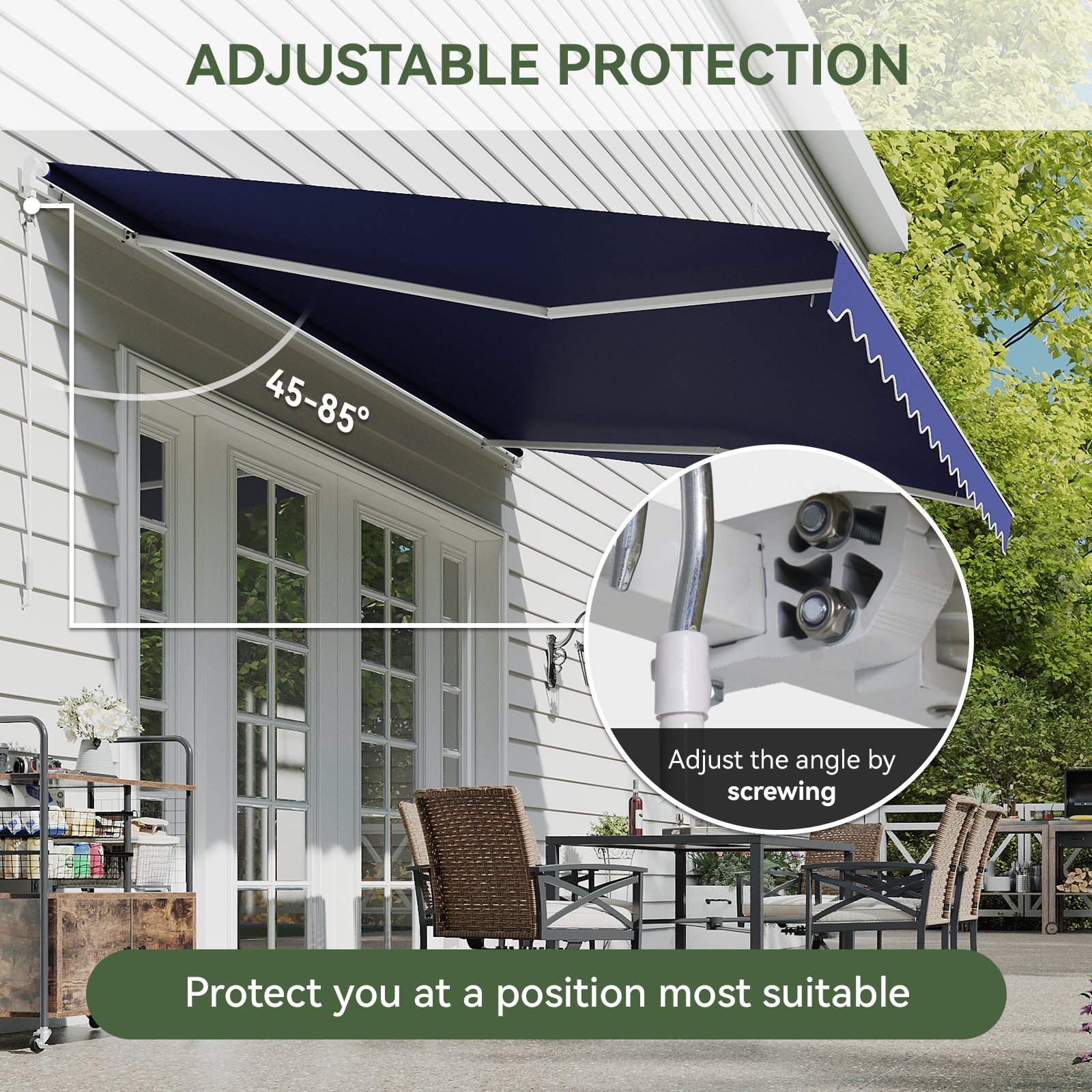 Aoxun Manual Retractable Awning for Outside 12x10 FT Outdoor Patio Sun Shades Canopy with Crank Handle Waterproof Polyester PA Coated Fabric for Backyard Deck Window Blue