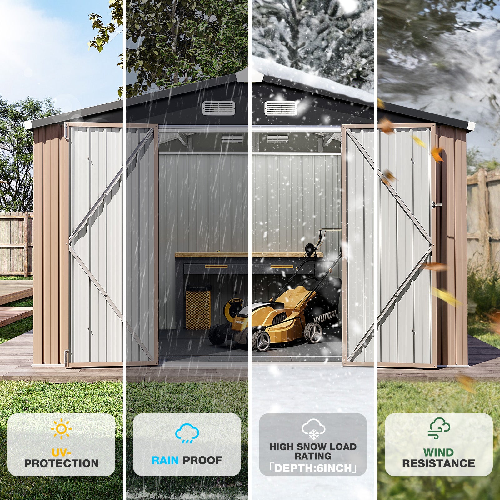 Aoxun Outdoor Storage Shed with Floor - 10x8 FT Metal Shed with Lockable Doors & Air Vents, Waterproof Outside Storage Shed for Tool, Garbage Can, Bike, Mower, for Backyard Garden Patio, Brown