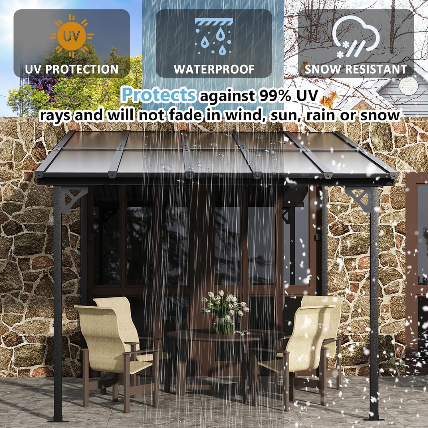 Aoxun 10’x 10’ Premium Gazebo with Aluminum Top Frame & Polycarbonate Panel, Wall Mounted Gazebos Pergola, Outdoor Patio Lean to Gazebo, Awnings with Sloped Roof, for Backyard, Porch, Deck