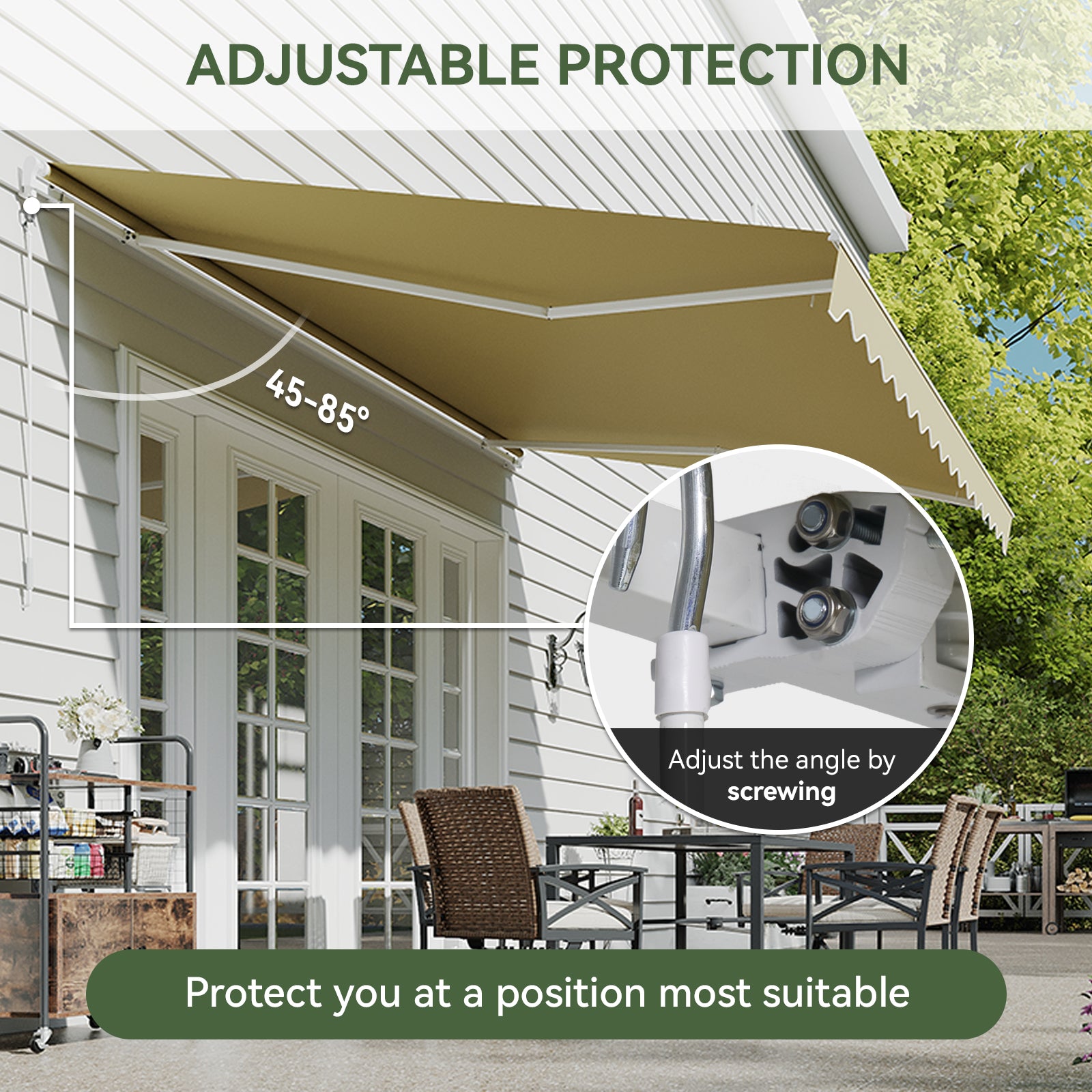 Aoxun Manual Retractable Awning for Outside 12x10 FT Outdoor Patio Sun Shades Canopy with Crank Handle Waterproof Polyester PA Coated Fabric for Backyard Deck Window Beige