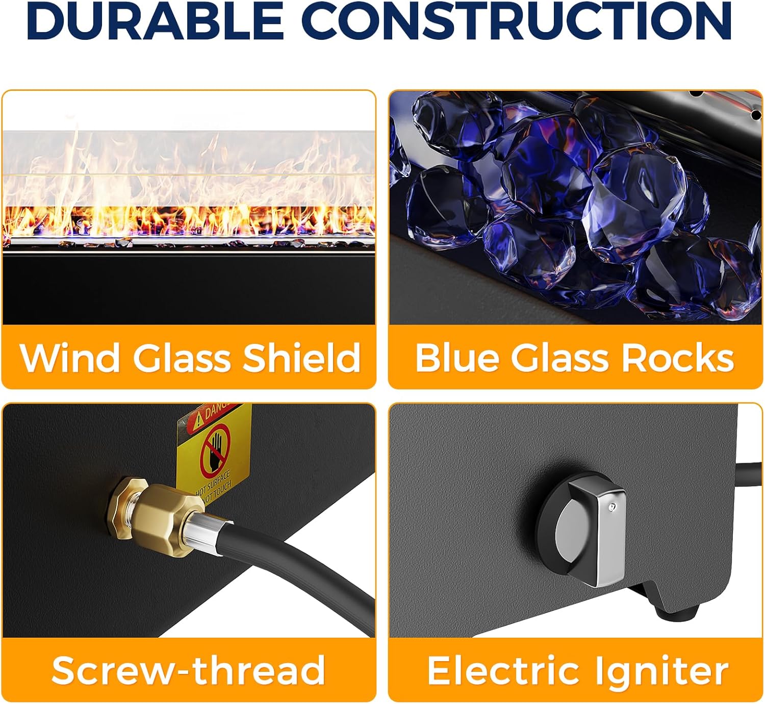 28” Tabletop Propane Fire Pit with Glass Shield & Rocks, 40,000 BTU