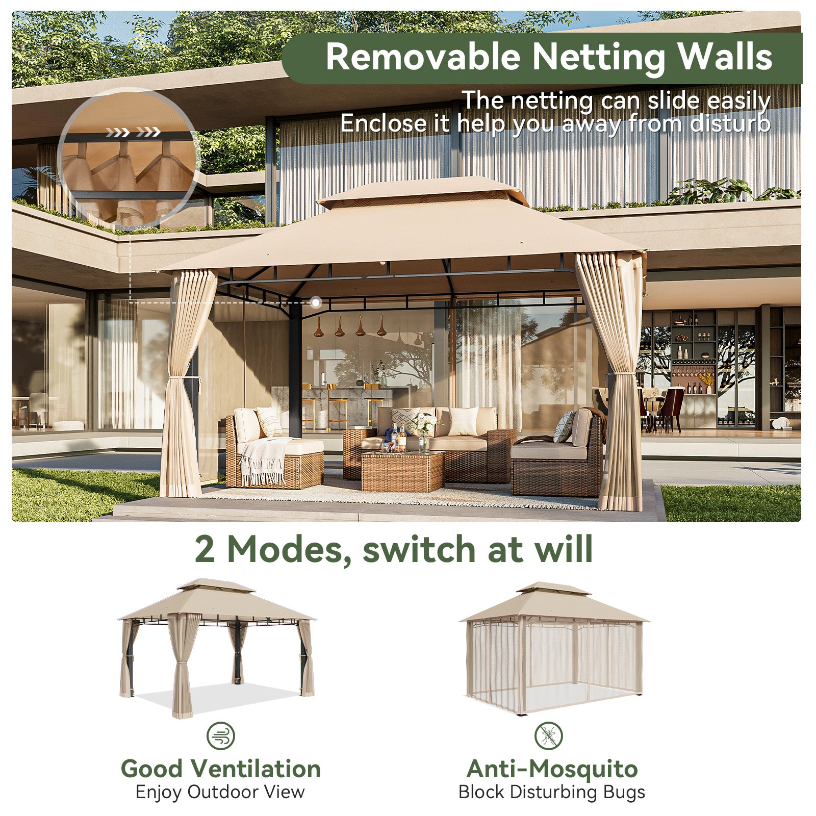 Outdoor Gazebo for Patio 10x13, Metal Frame Canopy with Double Roofs, Heavy Duty Party Tent and Shelter with Mosquito Nettings for Backyard, Lawn, Garden,Beige