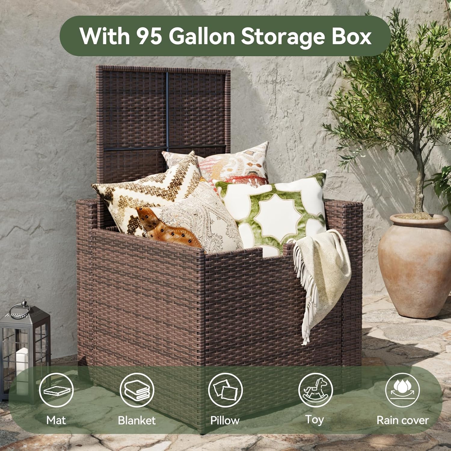 Aoxun 8 Piece Patio Furniture Set, Wicker Outdoor Furniture Set with Storage Box and Glass Top Table, Patio Sectional Set with Thickened Cushions and Include Waterproof Cover