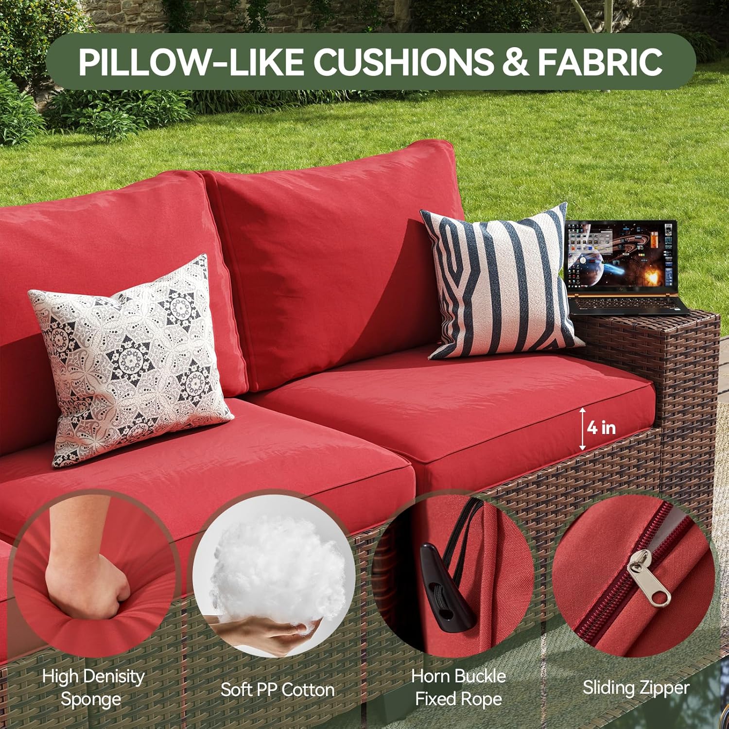 Aoxun Outdoor Furniture with 44'' Fire Pit, 7 Pcs Outdoor Patio Furniture Sets with 4in Thicken Cushion, Widen Armrests Wicker Outdoor Sectional for Backyard (Waterproof Cover Include)