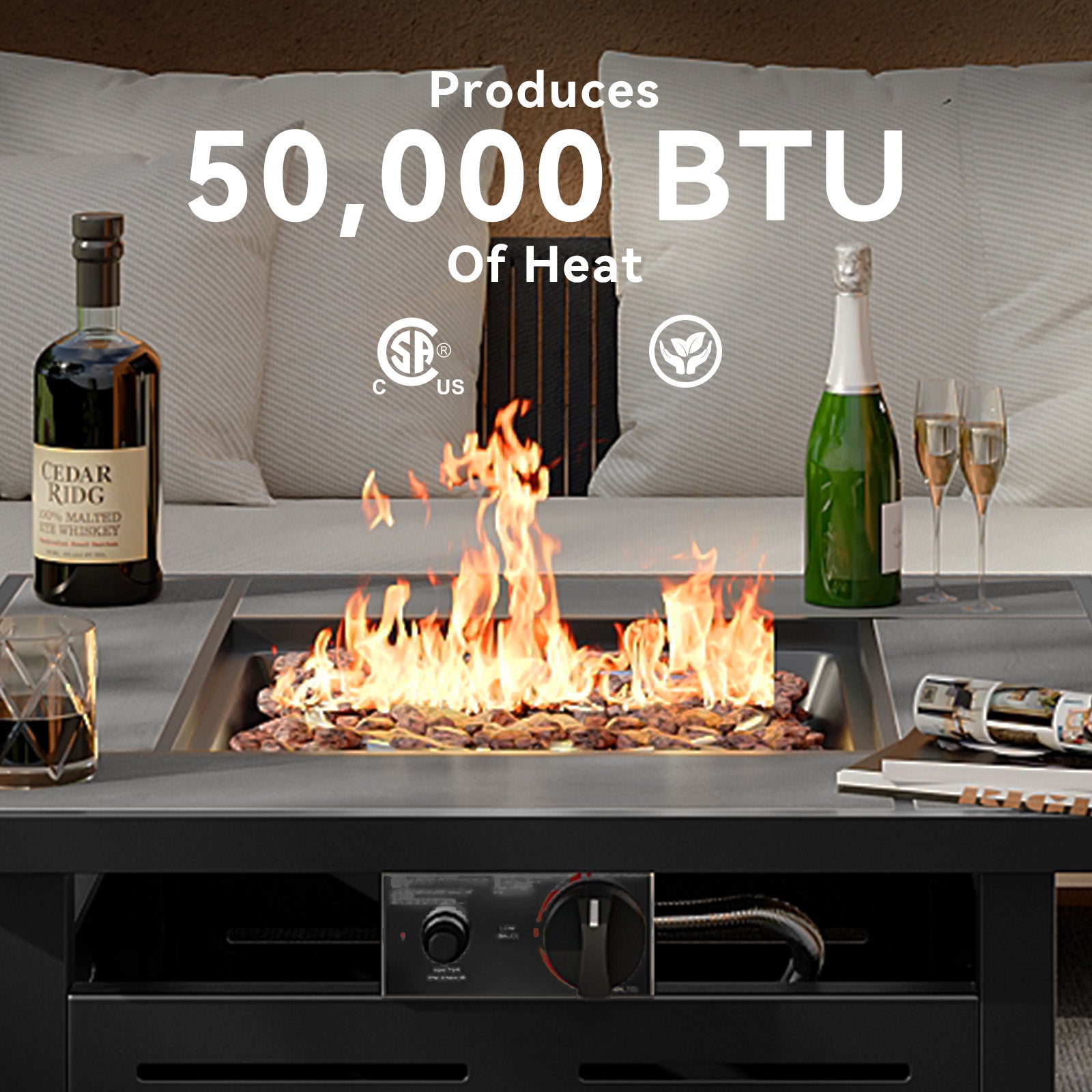 Aoxun 28" Propane Fire Pit Table, 50000 BTU Outdoor Patio Heater with Ceramic Top & Lava Rocks, Square Gas Fire Pits for Outside Patio with Removable Lid, Black