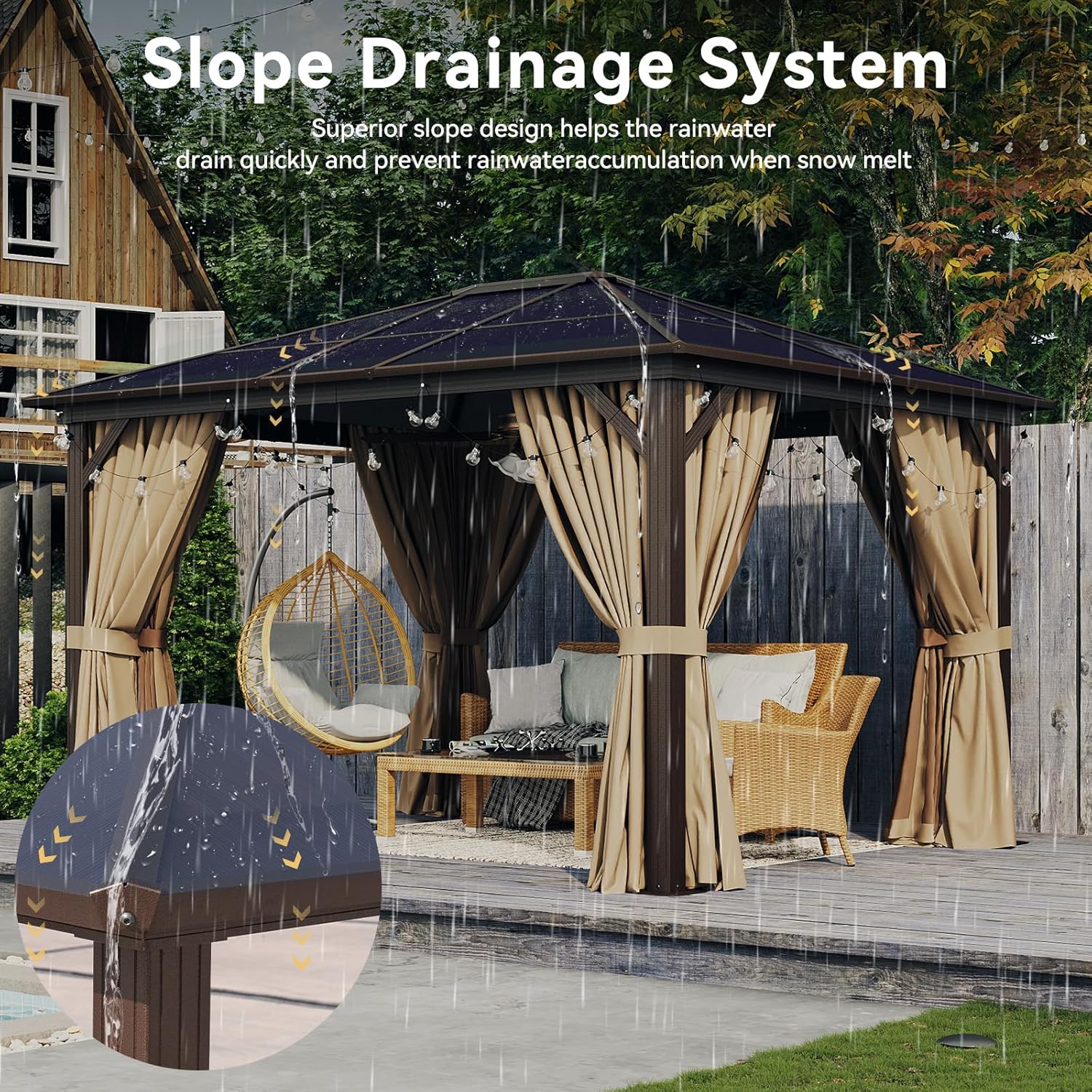 Aoxun 10' x 12' Gazebo Single Polycarbonate Top, Outdoor Aluminum Frame Permanent Gazebo with Curtains and Netting, for Patio, Party, Backyard, Garden and Lawn