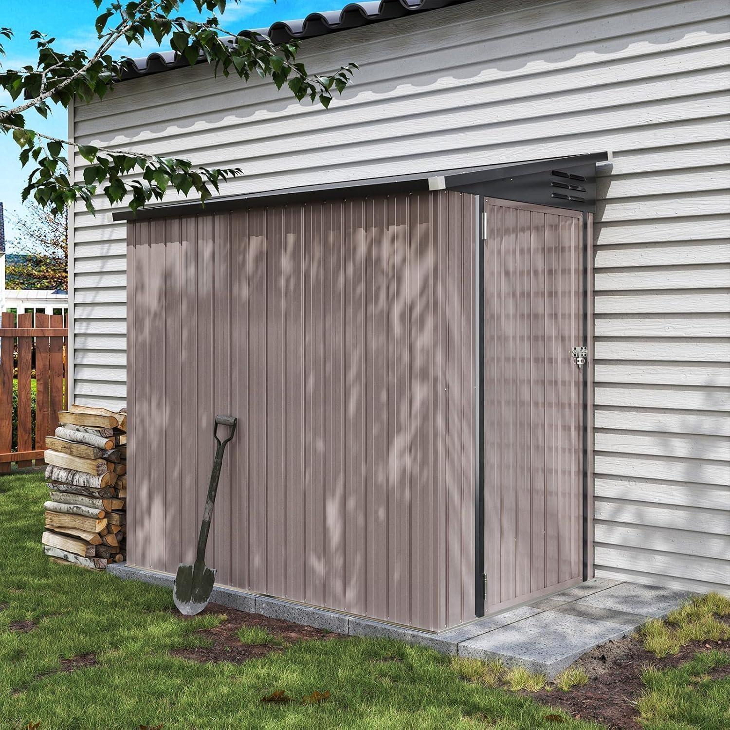 Aoxun 4x6 FT Lean to Shed Garden Metal Storage Shed with Lockable Doors Outdoor Bike Shed for Backyard, Patio, Poolside (Brown)