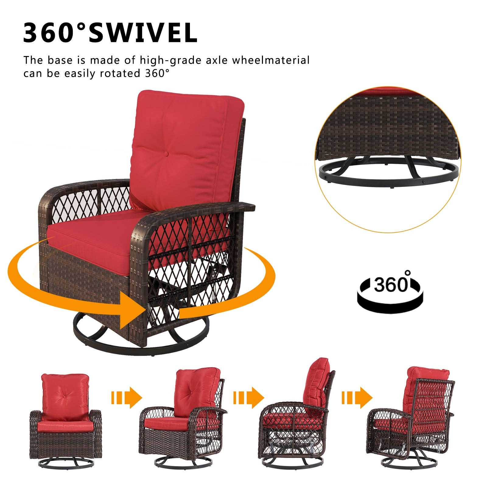 3 Pcs Patio Furniture Set, 360 Degree Swivel Rocking Chairs, Wicker Bistro Set with Glass Top Side Table, Red