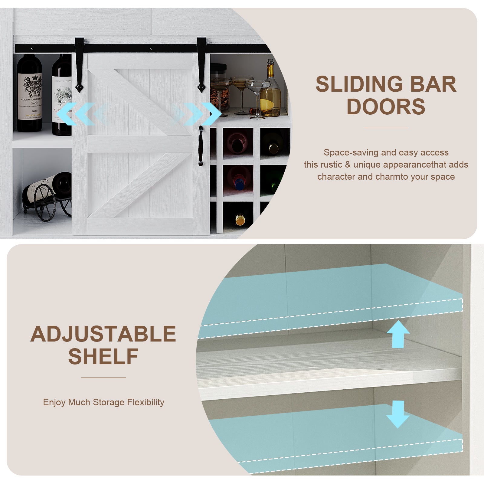 Sonegra Wood Farmhouse Bar Cabinets,Wine Cabinet with Sliding Barn Door,White