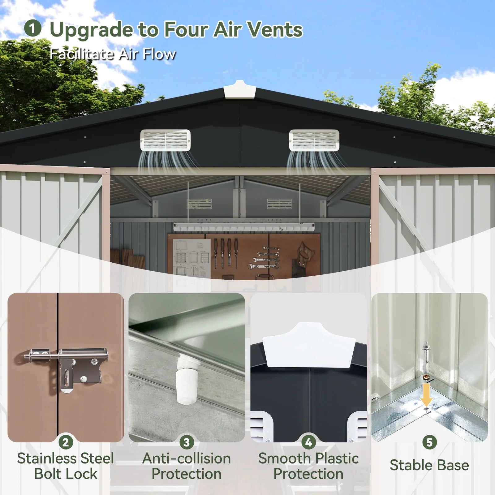 10x12 ft Outdoor Storage Shed, Steel Garden Shed, Brown(Floor included)